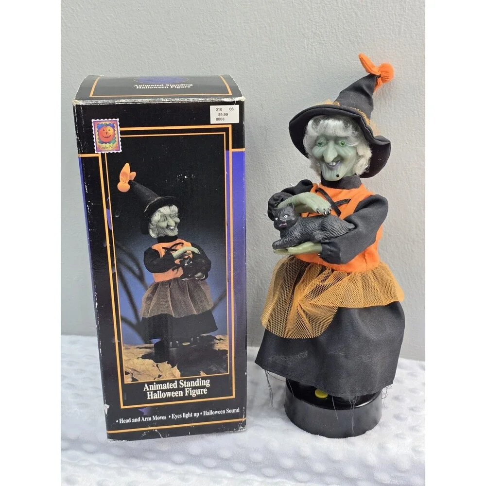 Gemmy 1996 Animated Talking Witch Petting Black Cat Halloween Factory Box Works